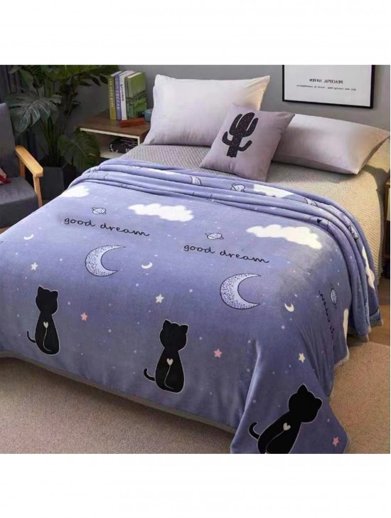 Nighttime Theme Embroidered Microfiber Soft Printed Flannel Blanket (with gift packaging) 